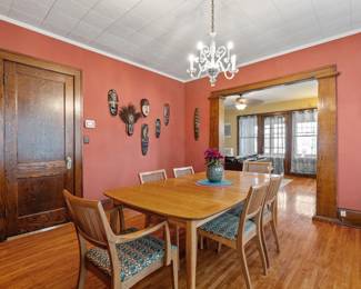 dining room table and upholstered chairs