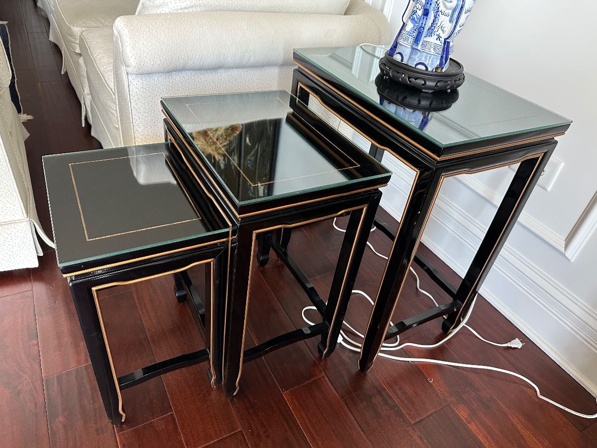 (2) sets of nesting tables with glass tops 20" x 14" x 26"H, 15" x 12" x 22"H, 13" x 10" x 19"H - $150 ea set