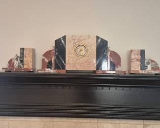 vintage French Art Deco mantel clock set pink, black, and red marble - $500