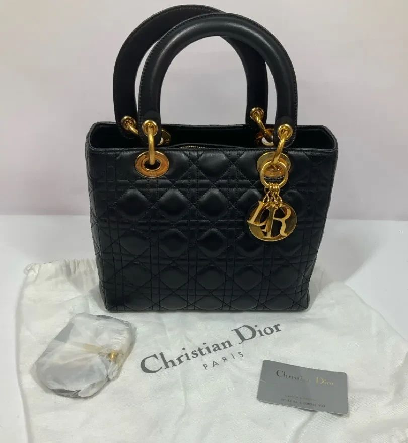 01 Christian Dior Lady Dior Black Quilted Leather Handbag with Dust Bag Authenticity Card
