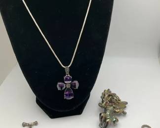 Silver And Amythest Necklace, Bracelet And .925 Pin