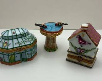 Limoges Peint Main Garden Theme Trinket Boxes  Artoria Birdhouse Greenhouse