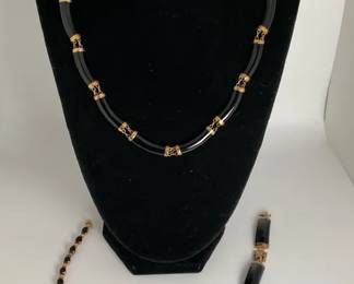 14K Gold  Black Onyx Necklace and Bracelet Set with Matching Accent Bracelet