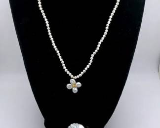 18K Gold Pearl Necklace with Baroque Pearl Flower Pendant  Mother of Pearl Brooch