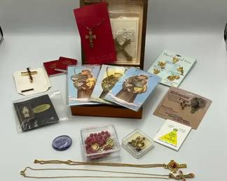 Religious Jewelry and Devotional Collection with Crosses Medals and Keepsake Box