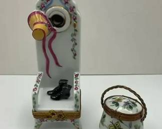 Limoges Peint Main Figural Trinket Boxes  Hall Stand  Mini Basket