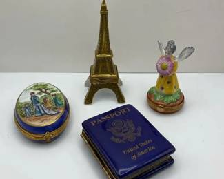 Limoges France Hand Painted Porcelain Trinket Boxes Eiffel Tower Passport and Figural