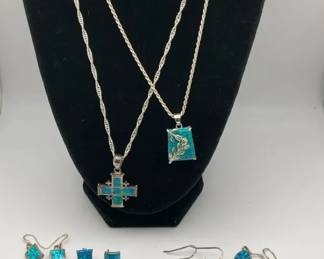 Sterling Silver 925 Opal Inlay Jewelry Set with Necklaces, Bracelet, Earrings and Pendants