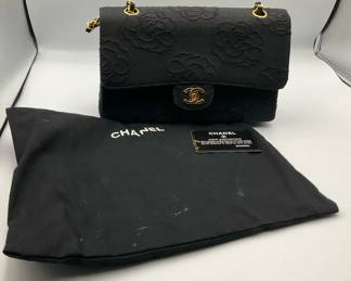 Chanel Black Camellia Jacquard Flap Shoulder Bag with GoldTone Chain COA
