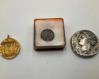 AncientStyle and Commemorative Coins Including RomanStyle Silver Tone Piece and GoldTone Pendant