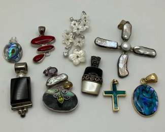 Sterling Silver  Stone Pendant Lot  Abalone, Cross, Mother of Pearl