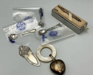 Souvenir Spoons, Pen, Bookmark and Silver Tone Accessories