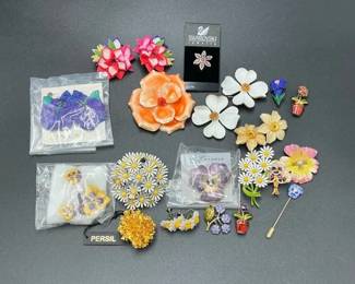 Vintage Floral Brooch Pin Collection Swarovski Enamel Mixed Lot