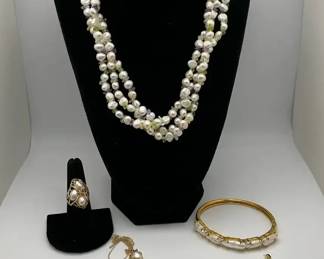 Pearl With 14K Gold Necklaces, Bracelet And Ring