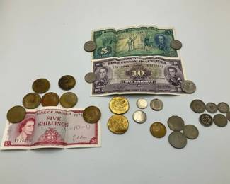 International Currency Collection Including Venezuela and Jamaica Notes with Assorted Coins