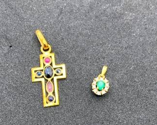 18K Gold Gemstone Cross  Emerald Diamond Pendant