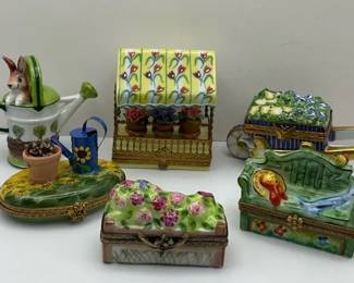  02 Limoges France Hand Painted Porcelain Trinket Boxes Figural and Floral