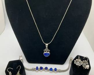 Sterling Silver Jewelry w Blue Stone Necklace  Bracelet, Mexico Earrings