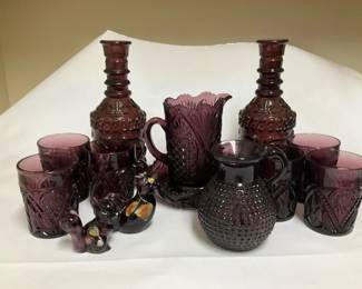 Amethyst Glass Collection Pitcher Decanters Tumblers Hobnail Vintage