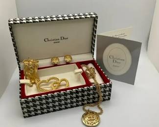 Christian Dior CD Jewelry Set Necklace, Earrings  Heart  Dog Brooch with Box