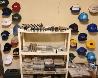 Molds, bait boxes with plastic worms, etc., Hat collection