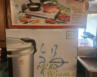 Electric twin burner, commercial rice cooker (both NIB)