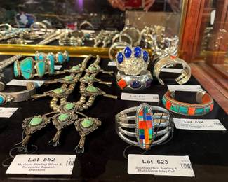 Native American Turquoise jewelry - cuffs and squash blossoms