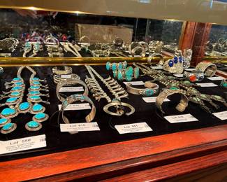 Native American Turquoise jewelry - cuffs and squash blossoms