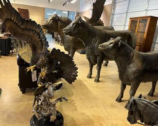 Large sized bronze bull, cow, calf, and eagles