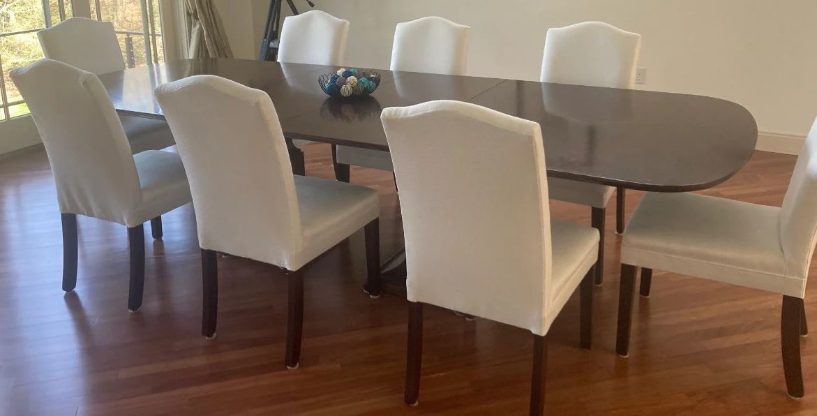 Bernhardt Mahogany Dining Table 10'4" x 3'10" and 8 Cream Jordan’s custom “Parson” dining Chairs