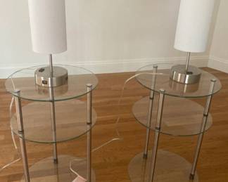 (2) Glass and chrome Bedside tables and (2) Lamps, each with 2 USB-A charging ports.