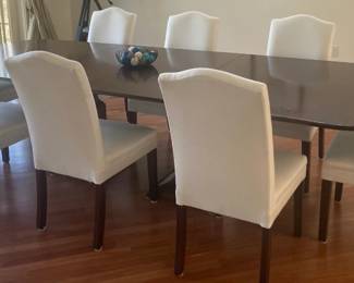 Bernhardt Mahogany Dining Table 10'4" x 3'10" and 8 Cream Jordan’s custom “Parson” dining Chairs