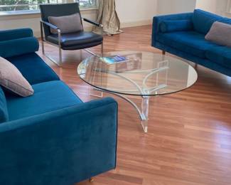 (2) Teal Green velvet West Elm “Monroe” Lounge suite sofas
