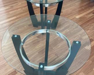 (2) glass, black, and chrome side tables