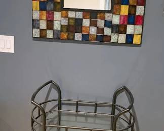 Glass and Metal Bar Cart and Mosaic Mirror