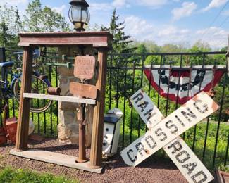 Antique Scale, Railroad crossing, funeral sign