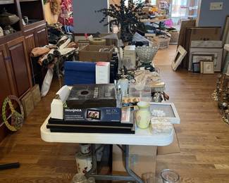 Home decor items including cut glass crystal, glassware, and more