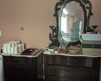 Antique marble top dressers. Small $500; Large (with mirror) $600 - marble top on large dresser has been repaired