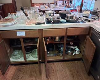 SOME OF THE KITCHEN ITEMS...CAKE PANS, SKILLETS, VINTAGE SUMBEAM MIXER