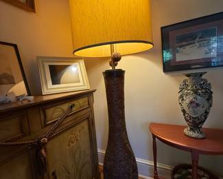 American Designer, Large Floor Lamp, Cork, Brass, Fabric, Usa, 1950s