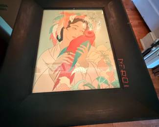 Paul Jacoulet "Chagrins d'Amour" Woodblock Print signed with Butterfly Stamp in Signed Frame 