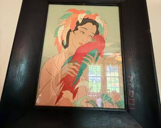 Paul Jacoulet "Chagrins d'Amour" Woodblock Print signed with Butterfly Stamp in Signed Frame 