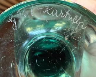 Vintage Göran Hongell Karhula Green Art Glasses Signed - Finland c.1930s