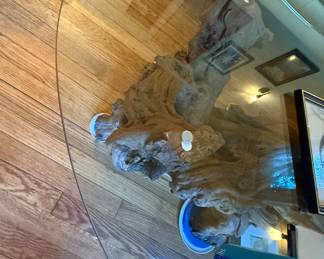 Vintage MCM Burlwood Coffee Table with Kidney Shaped Glass