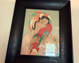 Paul Jacoulet "Chagrins d'Amour" Woodblock Print signed with Butterfly Stamp in Signed Frame 
