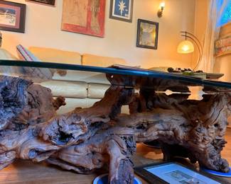 Vintage MCM Burlwood Coffee Table with Kidney Shaped Glass