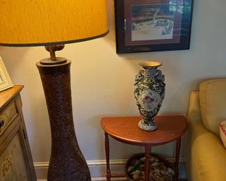 American Designer, Large Floor Lamp, Cork, Brass, Fabric, Usa, 1950s