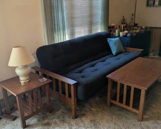 Mission style futon with coffee and side tables