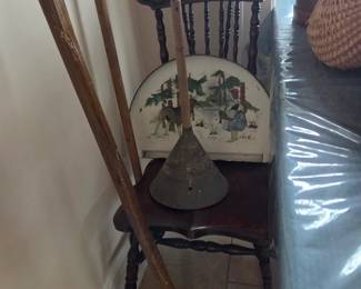 Antique chair, antique laundry agitator 