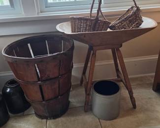 Primitive dough bowl, antique apple basket